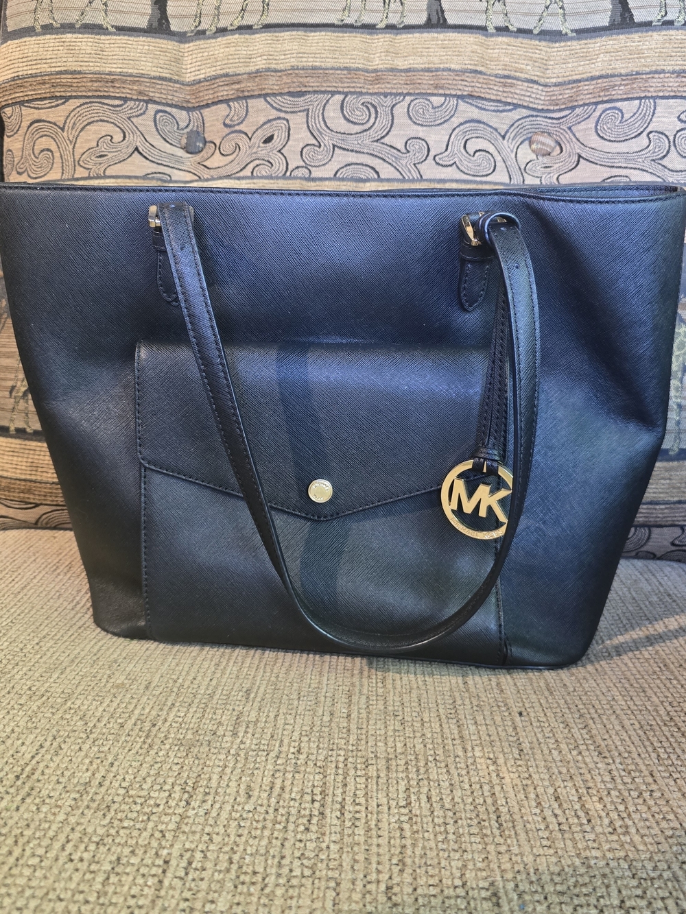 Michael Kors Black Tote with Gold MK Charm and Front Pocket